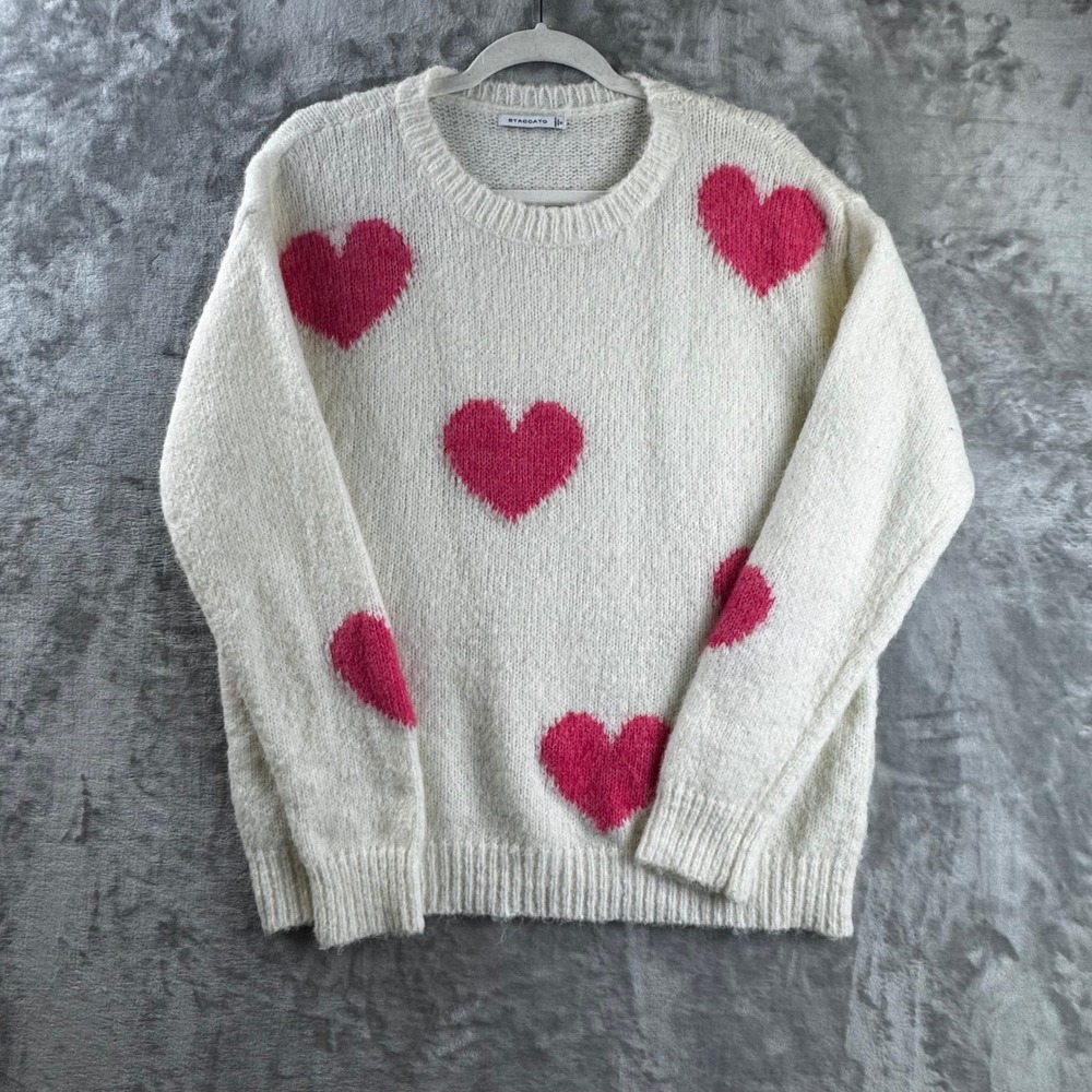Staccato Heart Knit Sweater Womens Small Cream Pink Intarsia‎ Pullover (1736)